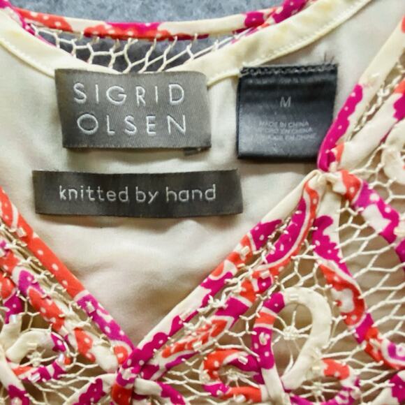 Vintage Y2k Sigrid Olsen Top Silk M Floral Hand Crochet Knit Lace Cottagecore - Picture 2 of 5